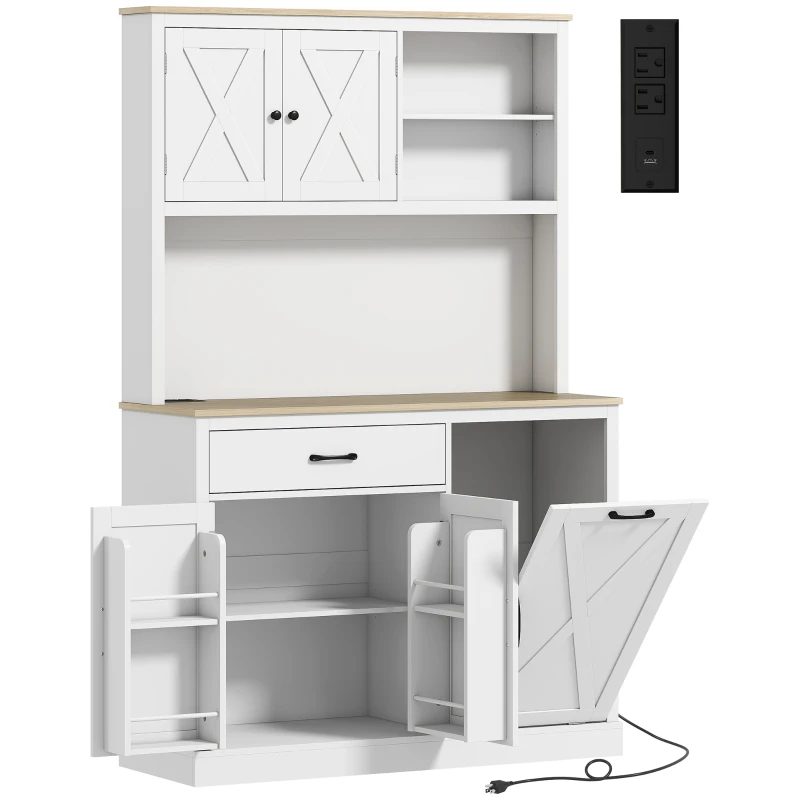 HOMCOM 69" Pantry Cabinet with Charging Station, Kitchen Cabinet with Microwave Stand, Tilt-Out Trash Can Cabinet, White