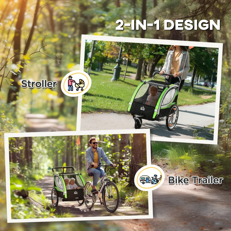 Aosom 2 Seat Bike Trailer for Kids 2-in-1 Double Baby Stroller with Handbrake, Rubber Wheels, 5 Point Harness, Waterproof Cover, Storage Bag, Reflectors, Green