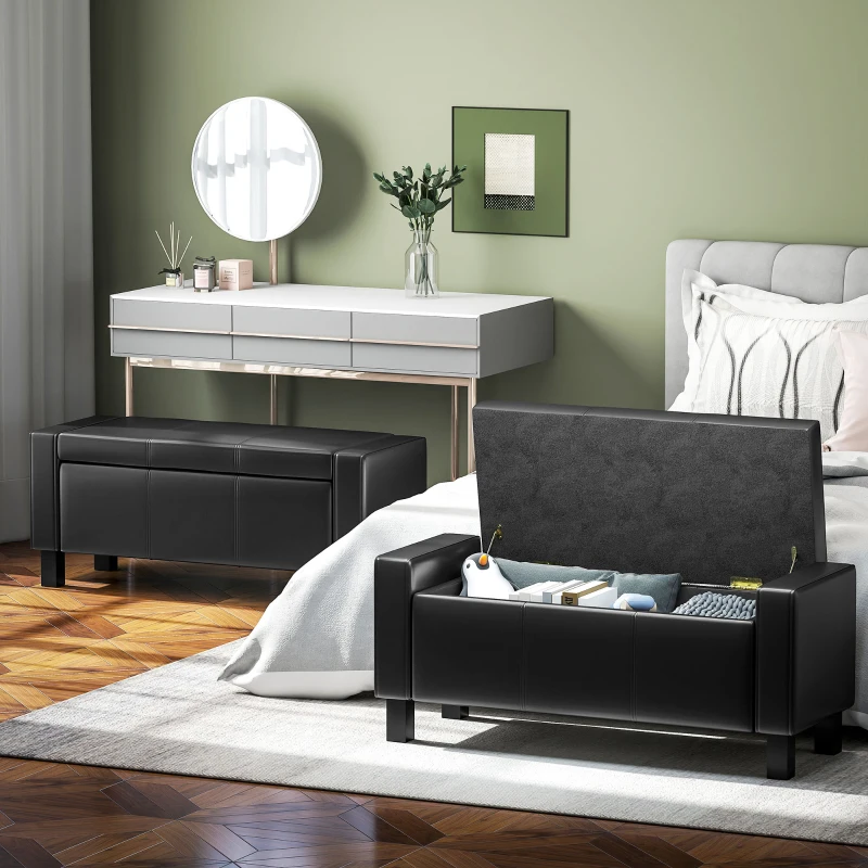 HOMCOM 42" Deluxe Faux Leather Padded Storage Ottoman Bench Foot Stool Seat Chair with Organizer, Black