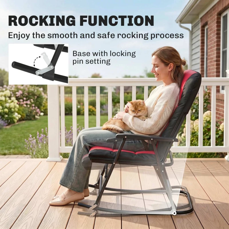 Outsunny 3pc Patio Foldable Rocking Chair Set, Outdoor Rocking Chairs and Table Bistro Set w/ Padded Seat, Headrest, Backrest for park, backyard, garden, Red