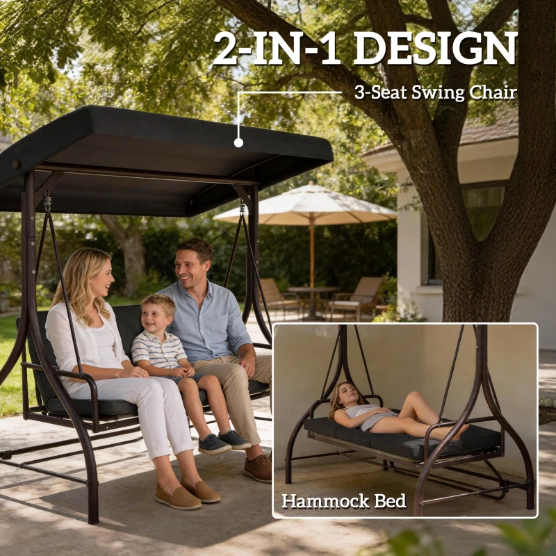 Outsunny Convertible Patio Swing Bed with Canopy and Cushions, 3 Seater Porch Swing for Outdoor, Backyard, Garden, Black