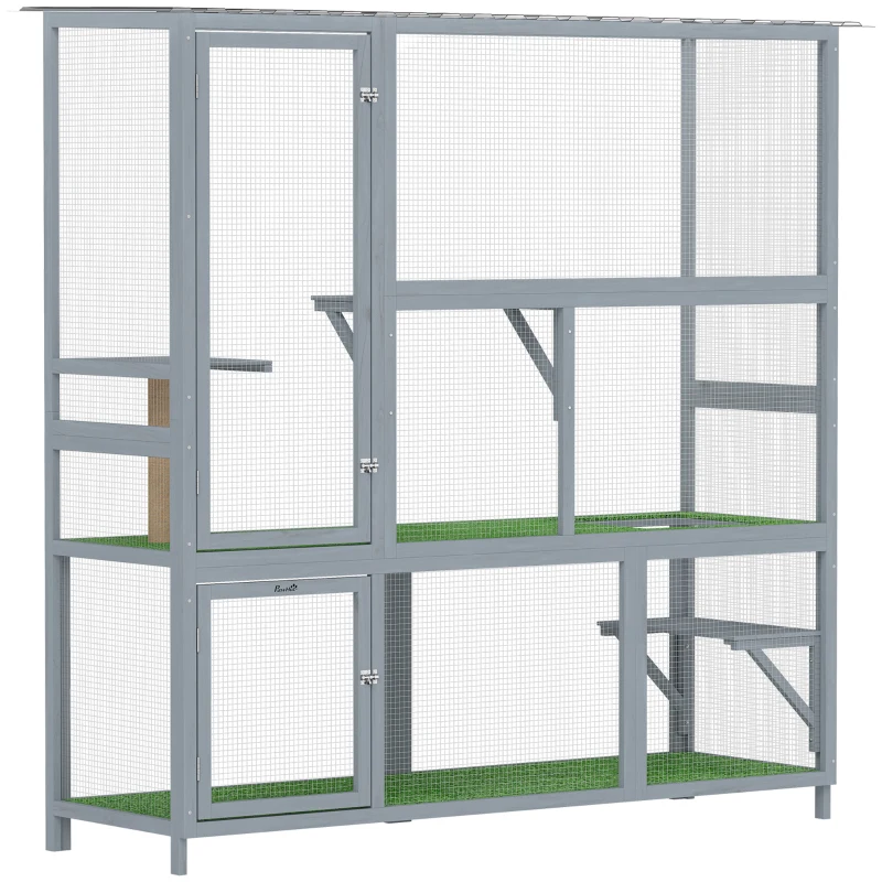 PawHut Catio Outdoor Cat Enclosure, 77" H Wooden Cat House with Weatherproof Roof, Platforms and Scratching Post