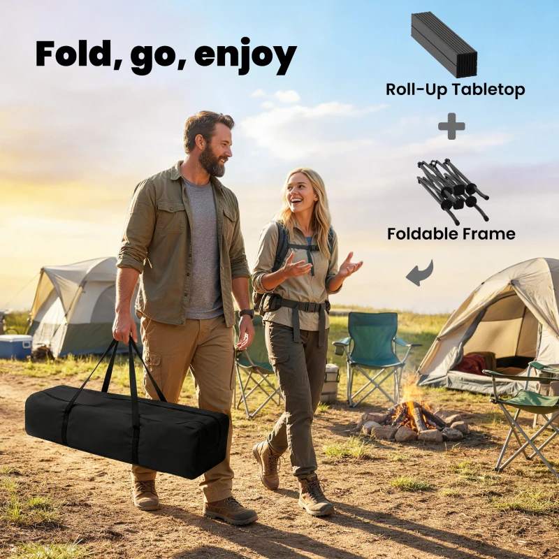 Outsunny 3ft Folding Camping Table, Picnic Table with Mesh Storage Net, Carrying Bag and Metal Frame, Black