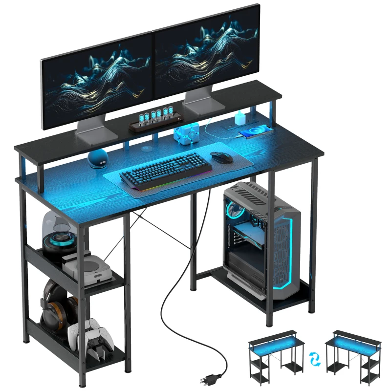HOMCOM Computer Desk with Storage, 47" Reversible Computer Table with Power Outlets and LED Lights, Distressed Black
