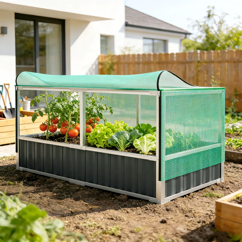 Outsunny Raised Garden Bed, 5.7 x 3 x 2.3ft Steel Planter Box Outdoor with Cover, Gloves, Dark Grey