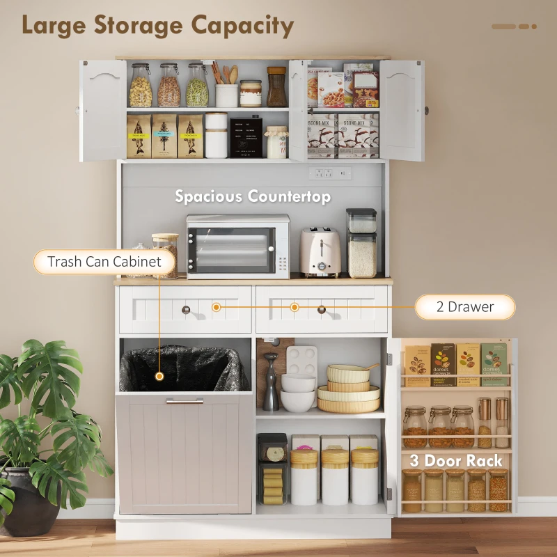 HOMCOM 68" Pantry Cabinet with Charging Station, Storage Cabinet with Microwave Stand, 10 Gallon Trash Can Cabinet, White