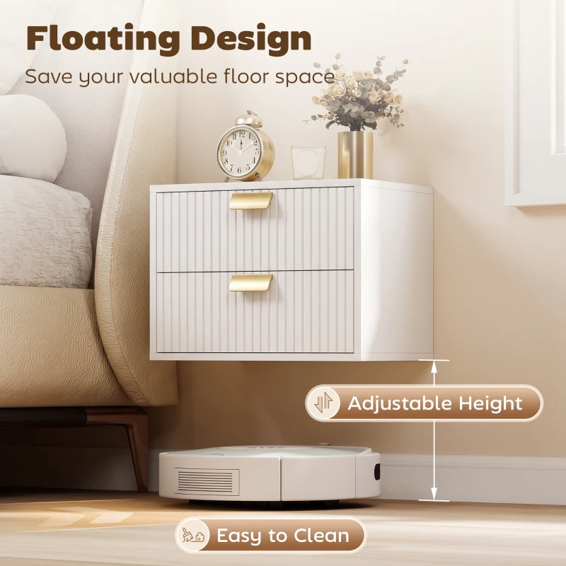 HOMCOM Modern Floating Nightstands Set of 2, Wall Mounted Bedside Tables with 2 Wave Drawers White