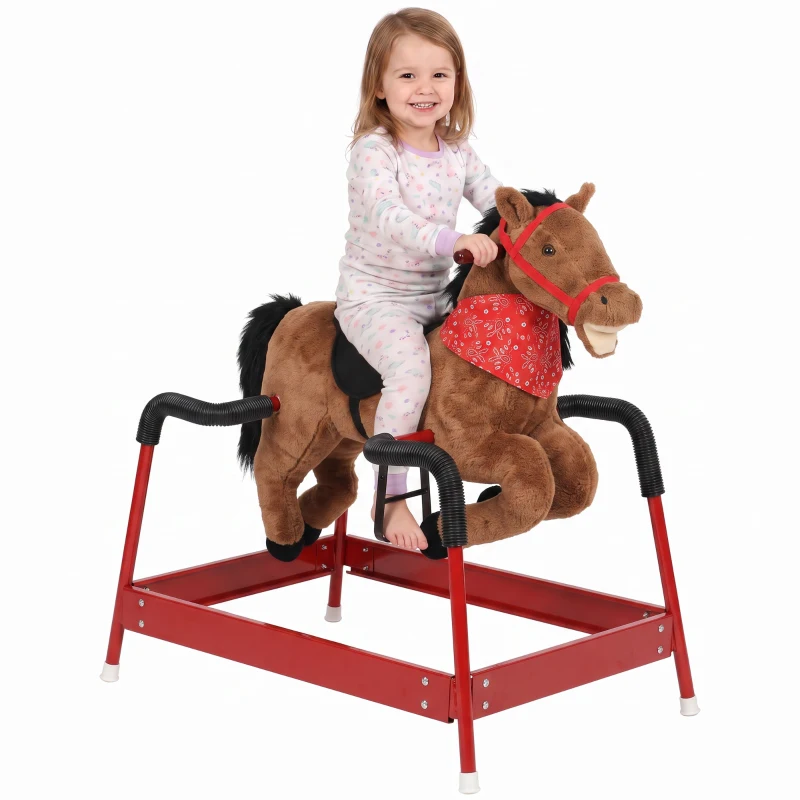 Qaba Kids Spring Rocking Horse, Ride on Horse with Neighing Sounds, Plush Animal Ride on Toy for Ages 3+ Years, Brown
