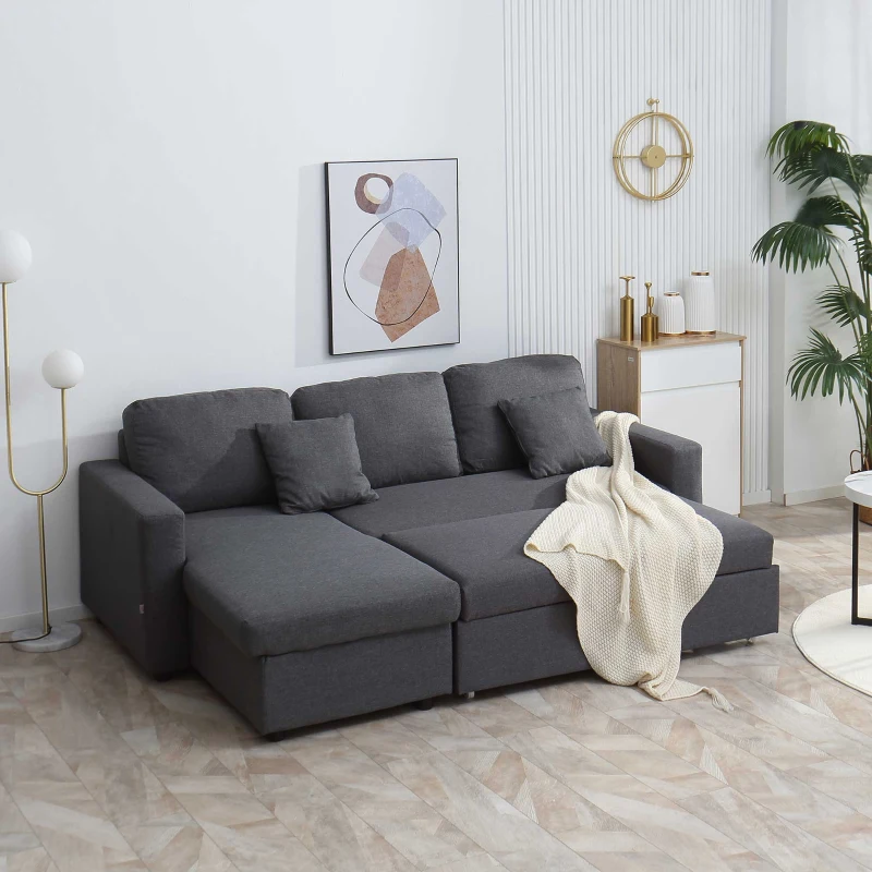 HOMCOM Sectional Sofa Bed, L-Shaped Loveseat Reversible Sleeper Sofa with Pull Out Couch Bed, Storage Chaise, Cushions, Linen Feel Fabric Futon Sofa Bed for Living Room, Dark Gray 89.75"
