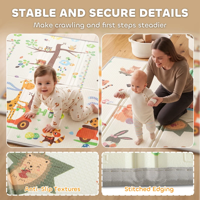 Qaba Foldable & Reversible Baby Play Mat, 79" x 71"Thick Play Mat for Floor, Waterproof Non-Slip, Giraffe & Woodland Animals