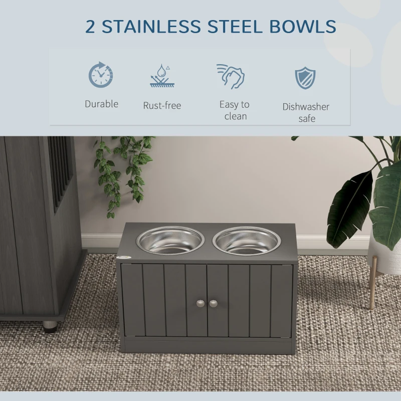 PawHut Elevated Dog Bowls for Large Dogs Pet Feeding Station with Stand, Storage, 2 Stainless Steel Food and Water Bowls, Grey