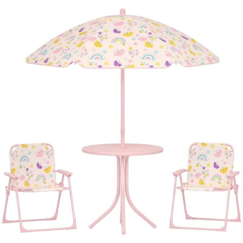 Qaba Kids Picnic Table and Chair Set, Outdoor Activity Table with Foldable Chairs, Removable Umbrella for Backyard, Pink