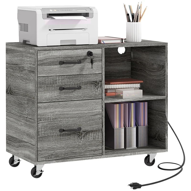 HOMCOM Mobile Printer Stand with Charging Station USB Ports Locking Filing Cabinet for A4 Letter Size Grey