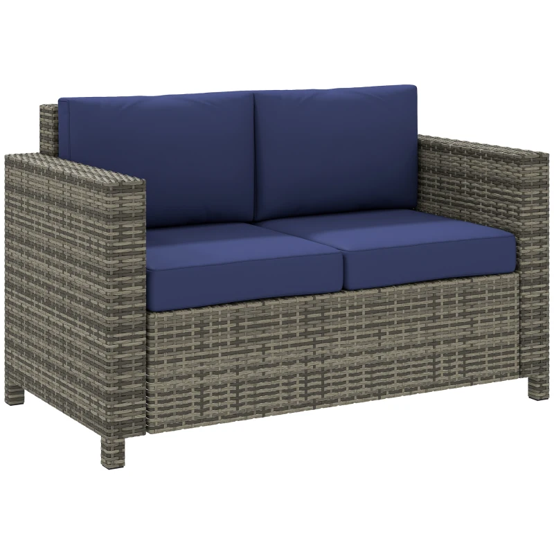 Outsunny Wicker Outdoor Sofa, All Weather Patio Couch Loveseat with Cushions for Balcony, Deck, Garden, Poolside, Dark Blue