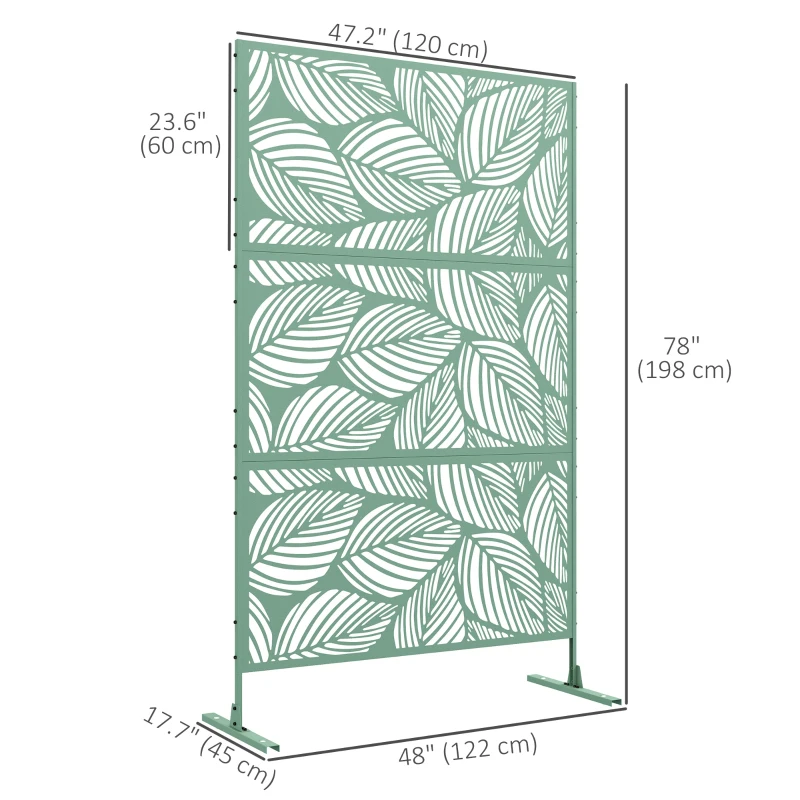 Outsunny 6.5FT Decorative Outdoor Divider, Metal Privacy Screen with Stand, Leaf Style, Light Green