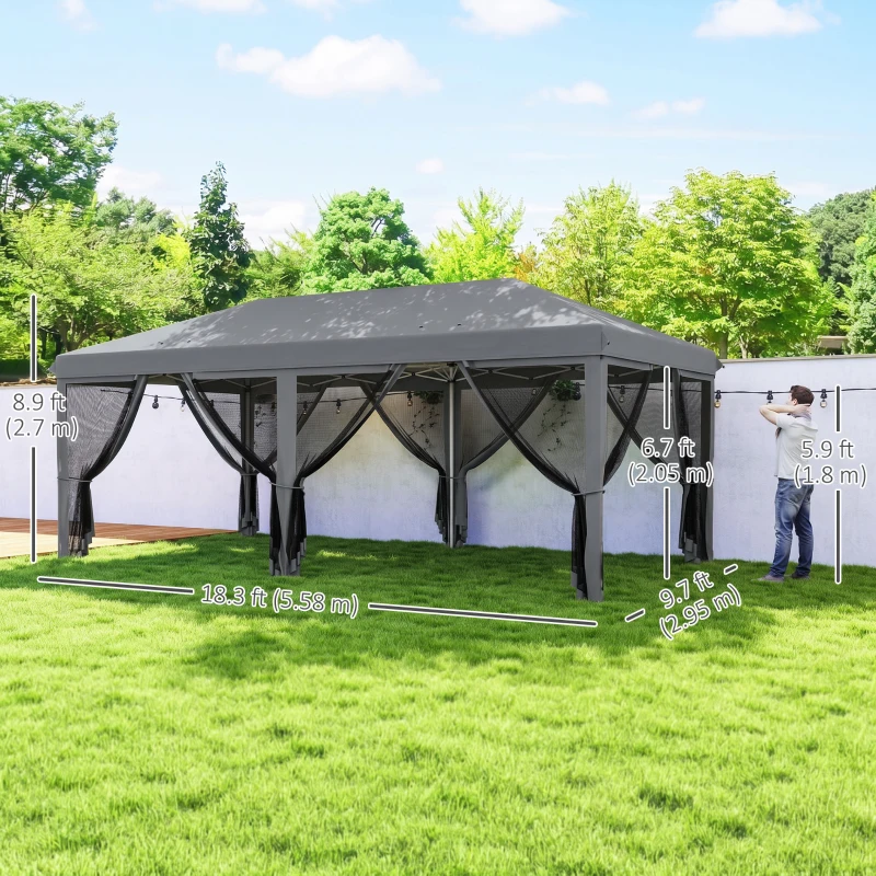 Outsunny 10' x 20' Pop Up Canopy Tent Gazebo with Removable Mesh Sidewall Netting, Carry Bag for Backyard Patio Outdoor, Grey