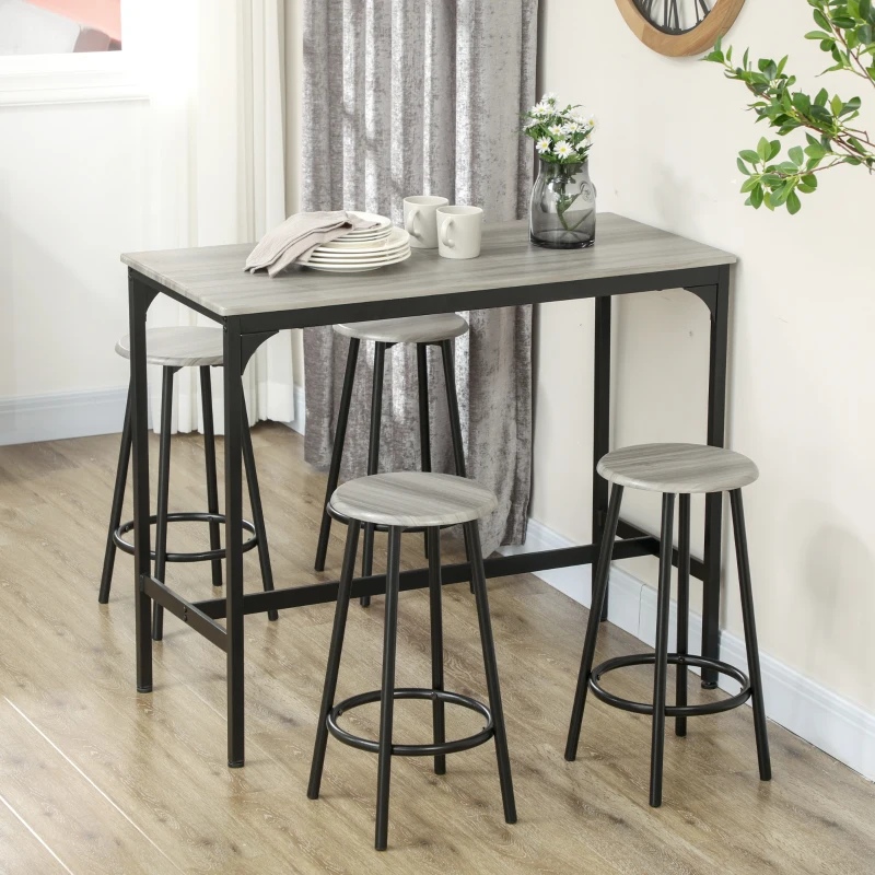 HOMCOM 5-Piece Bar Table and Chairs Set, 43.25" Industrial Pub Table with 4 Stools, Counter Height Kitchen Table Set, Gray