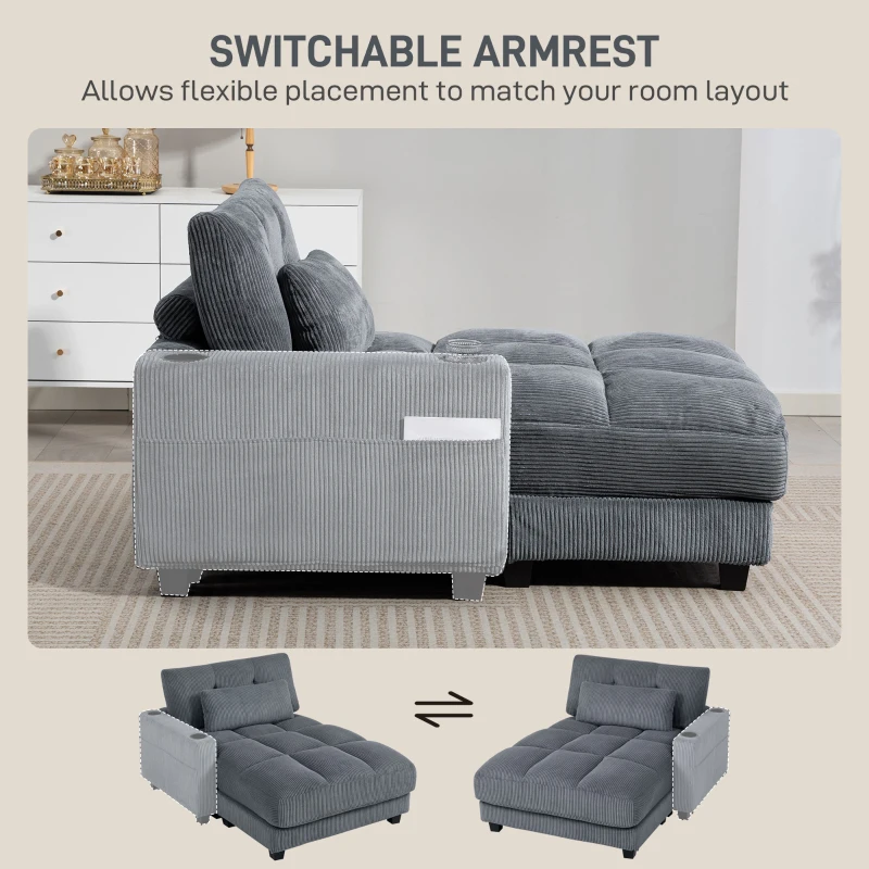 HOMCOM 58" Chaise Lounge Indoor, Oversized Corduroy Sofa Bed with 2 Cup Holders, Pillow, Deep Seat Sleeper Couch, Dark Grey