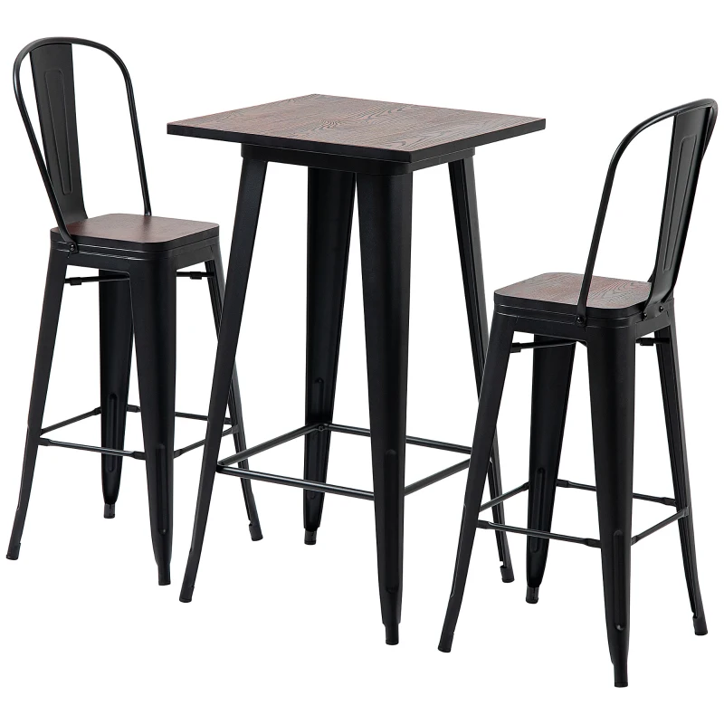 HOMCOM 3 Piece Industrial Dining Table Set, Bar Height Bar Table and Chairs Set with Footrests for Bistro, Black and Brown