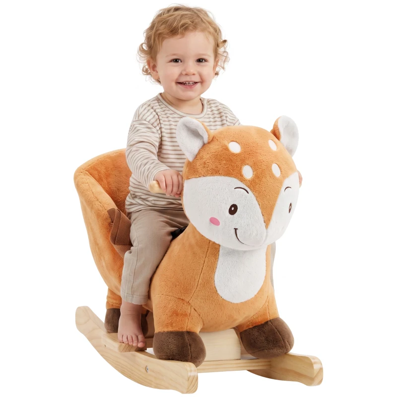 Qaba Deer Rocking Horse for Toddlers 1-3 Years, Baby Rocking Horse with Seat Belt, Sounds, Wooden Rocker, Brown