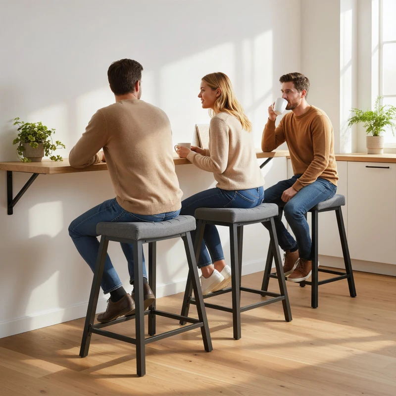 HOMCOM Set of 3 Bar Stools, Velvet Upholstered Counter Stools with Curved Seat and Footrest for Kitchen Island, Grey