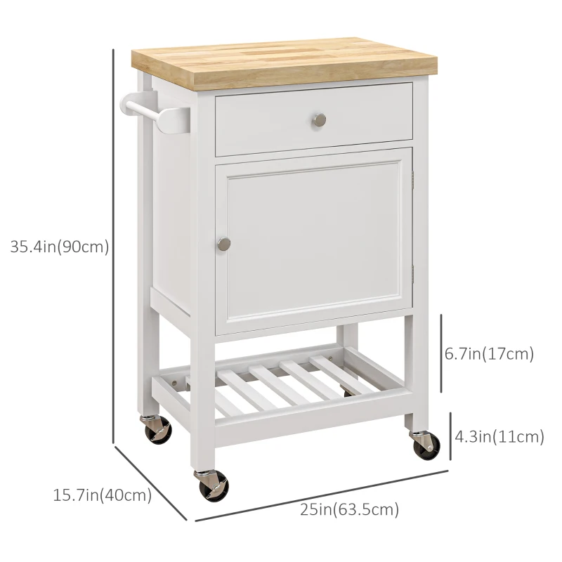 HOMCOM Kitchen Cart on Wheels, Rolling Kitchen Island Cart with Wood Top, Towel Rack, Drawer and Shelf for Dining Area, White