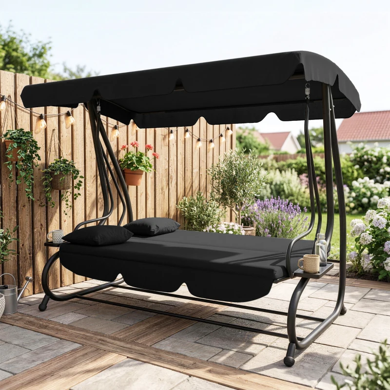 Outsunny 3-Seat Outdoor Patio Swing Chair, Converting Flatbed, Outdoor Swing Glider with Adjustable Canopy, Black
