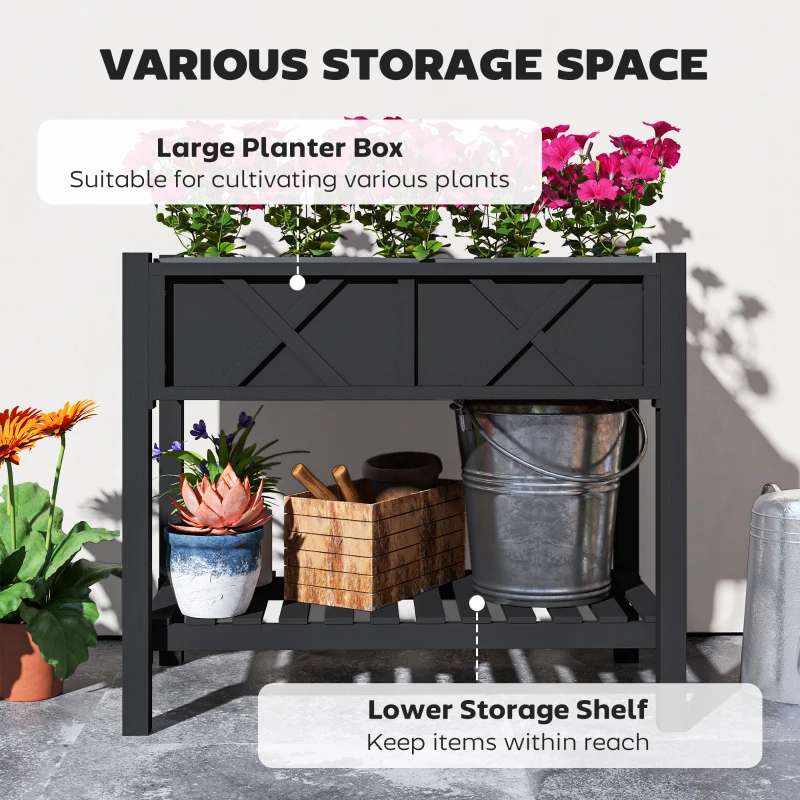 Outsunny Wooden Raised Garden Bed, Elevated Planter Box with Storage Shelf, Drainage Holes and Liner, 34" x 18" x 30", Black