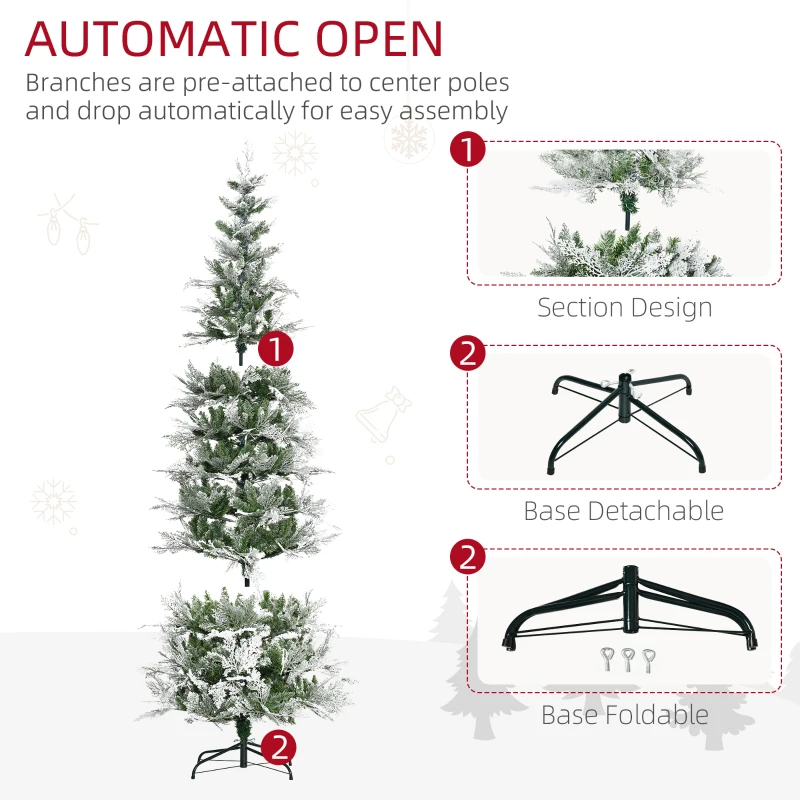 HOMCOM 7.5 Feet Pencil Snow Flocked Artificial Christmas Tree with 880 Realistic Cypress Branches, Auto Open, Green