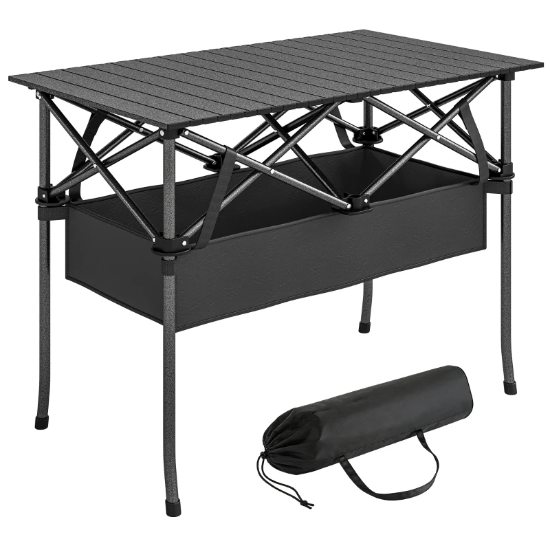 Outsunny 3ft Folding Camping Table, Picnic Table with Mesh Storage Net, Carrying Bag and Metal Frame, Black