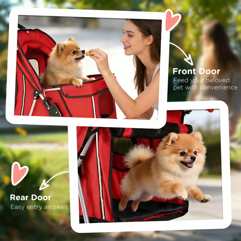 PawHut Pet Stroller with Reflective Strips, Foldable Cat Stroller with 360° Swivel Wheels for Small Dogs and Cats, Red