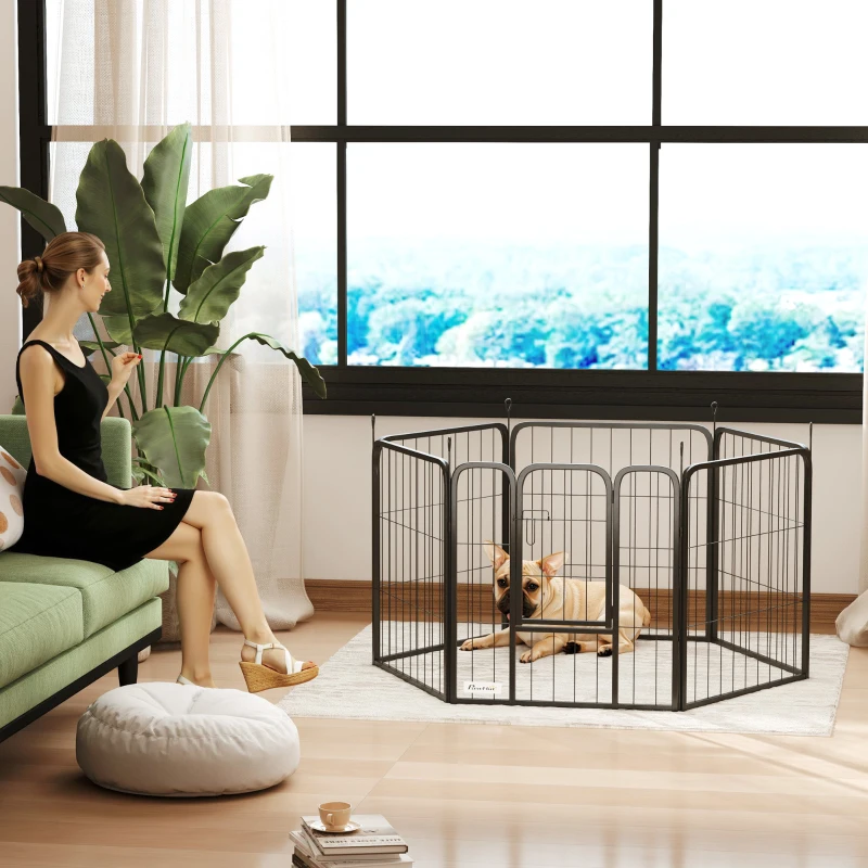 PawHut 6 Panels Heavy Duty Dog Playpen Outdoor Indoor with Door & Strap, 24" Height Portable & Foldable Pet Playpen