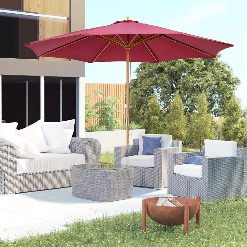 Outsunny 10' x 8' Bamboo Wooden Round Market Patio Sun Umbrella, Garden Parasol, Outdoor Sunshade Canopy, Wine Red