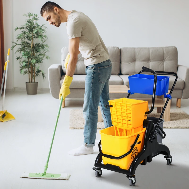 HOMCOM 2 x 6.9 Gallon Mop Water Bucket Wringer Cart with Easy to Use Side Press Wringer, Smooth Wheels, Mop-Handle Holder