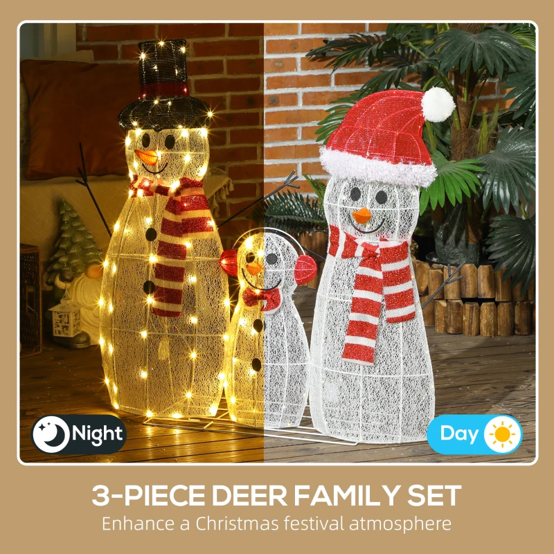 Outsunny 3-Piece Light Up Christmas Snowman Family Set of 3 Lighted Snowman Christmas Decoration for Indoor Outdoor White