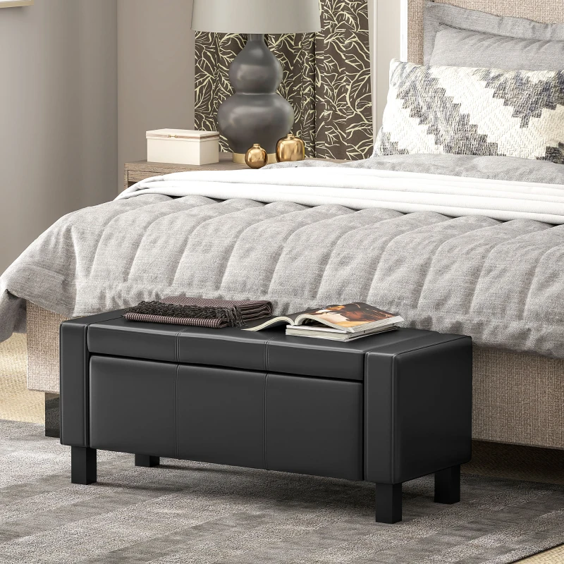 HOMCOM 42" Deluxe Faux Leather Padded Storage Ottoman Bench Foot Stool Seat Chair with Organizer, Black