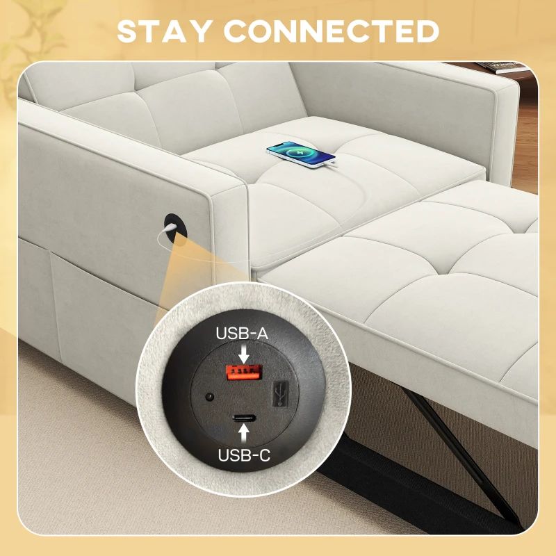 HOMCOM Convertible Chair Bed, Pull Out Sleeper Chair with USB, Adjustable Backrest, Small Velvet Futon Sofa Bed, Cream White