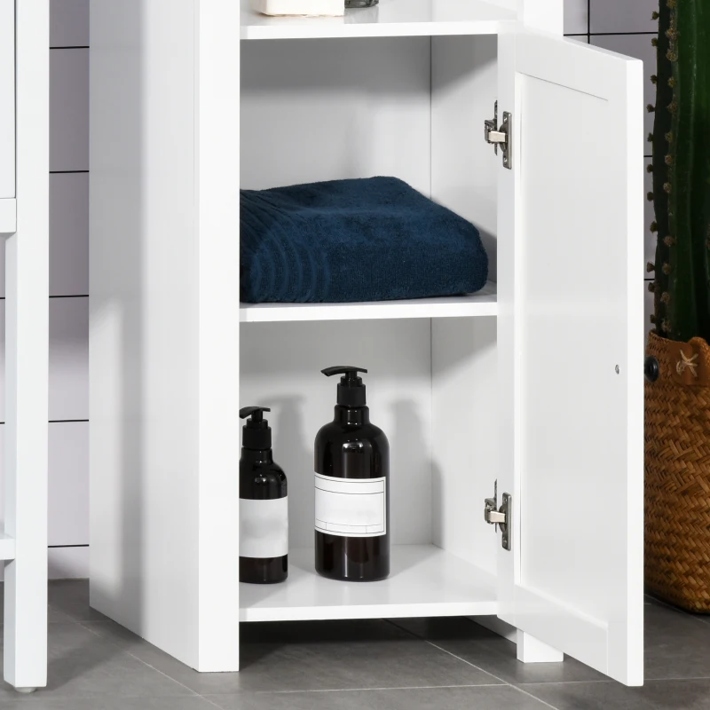 HOMCOM Tall Bathroom Storage Cabinet, Freestanding Linen Tower with 2-Tier Shelf and 2 Cabinets, Narrow Side Floor Organizer, White