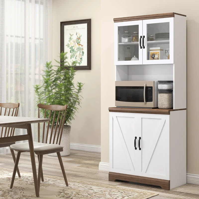 HOMCOM 70" Farmhouse Kitchen Buffet with Hutch, Kitchen Pantry Storage Cabinet with Glass Doors, Adjustable Shelves, Open Microwave Countertop, White