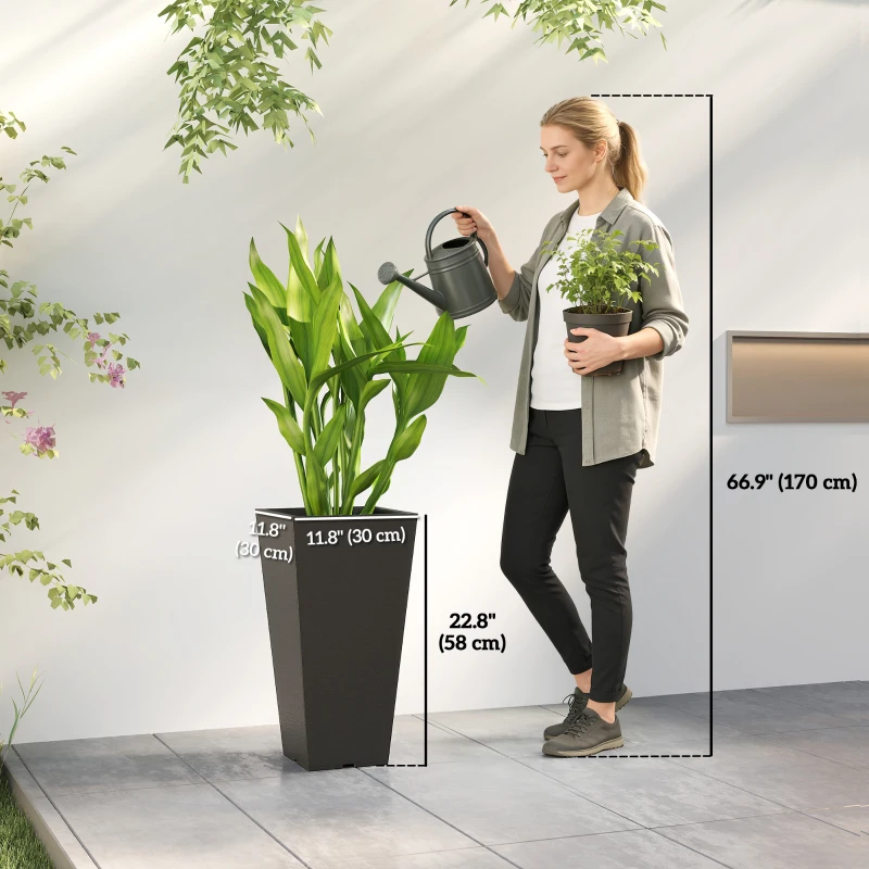 Outsunny 23" Tall Planters Set of 2, Indoor Outdoor Stackable Taper Planters with Marble Finish and Drainage Holes, Black
