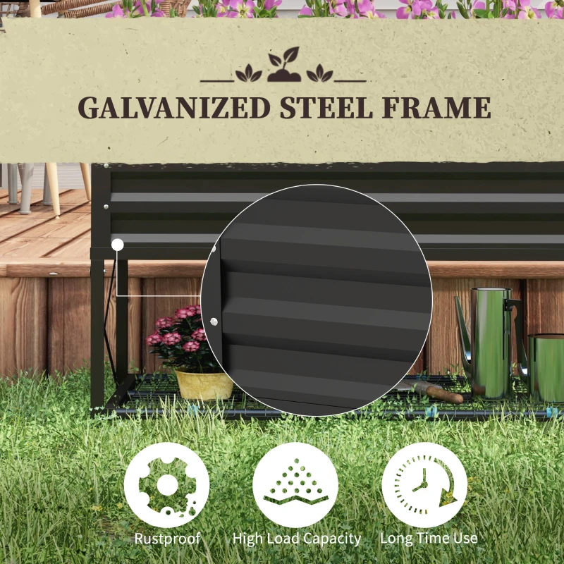 Outsunny Galvanized Raised Garden Bed, Metal Planter Box with Bed Liner and Storage Shelf, for Vegetables Flowers Herbs, Black