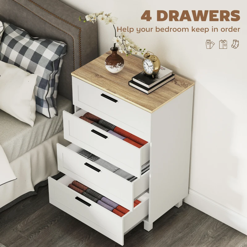 HOMCOM Dresser for Bedroom with 4 Drawers, Chest of Drawers with Solid Wood Legs for Closet, Living Room, Entryway, White