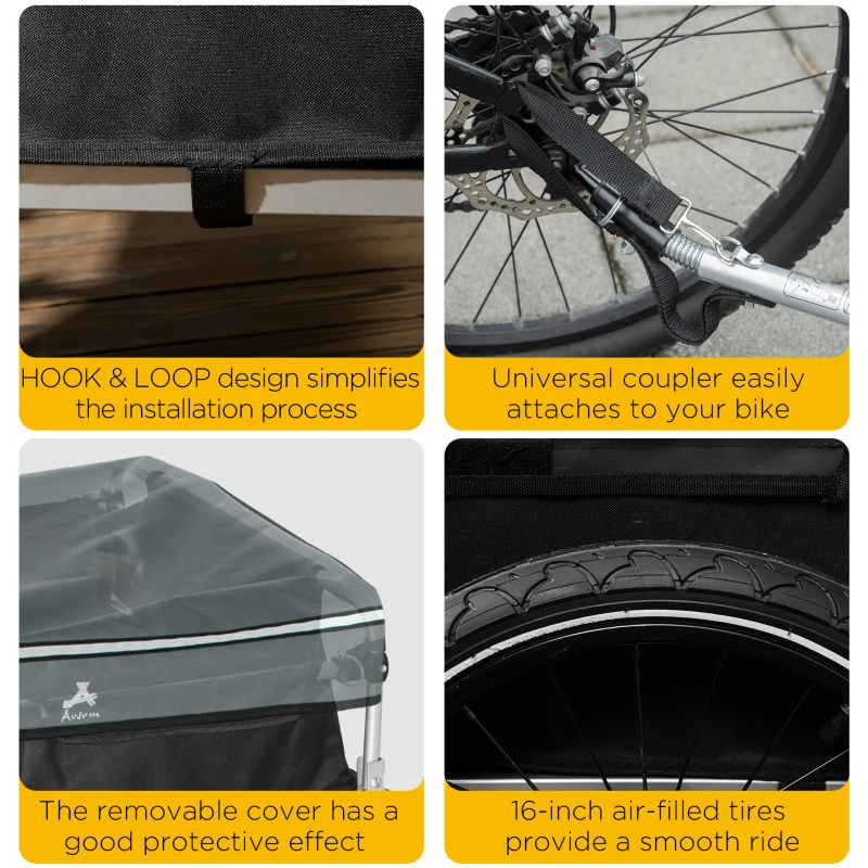Aosom Bike Cargo Trailer, Foldable Bicycle Trailer, Luggage Wagon with Hitch, Removable Cover, Triple Safety Features and 16'' Wheels