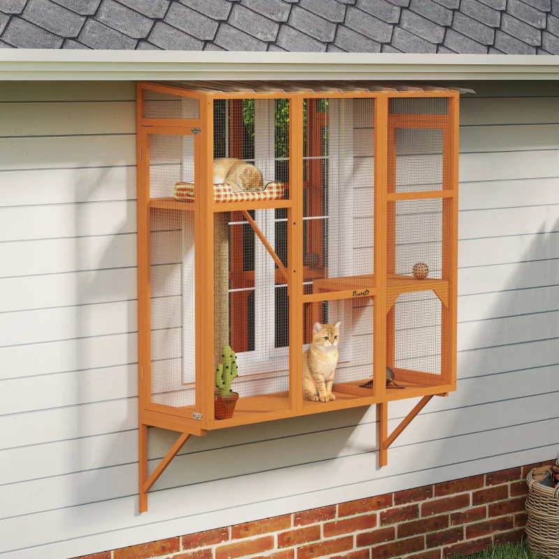 PawHut Wooden Catio Outdoor, Cat Window Box Enclosure for 2-3 Large Cats with 2 Jumping Platforms & Scratching Post, Orange