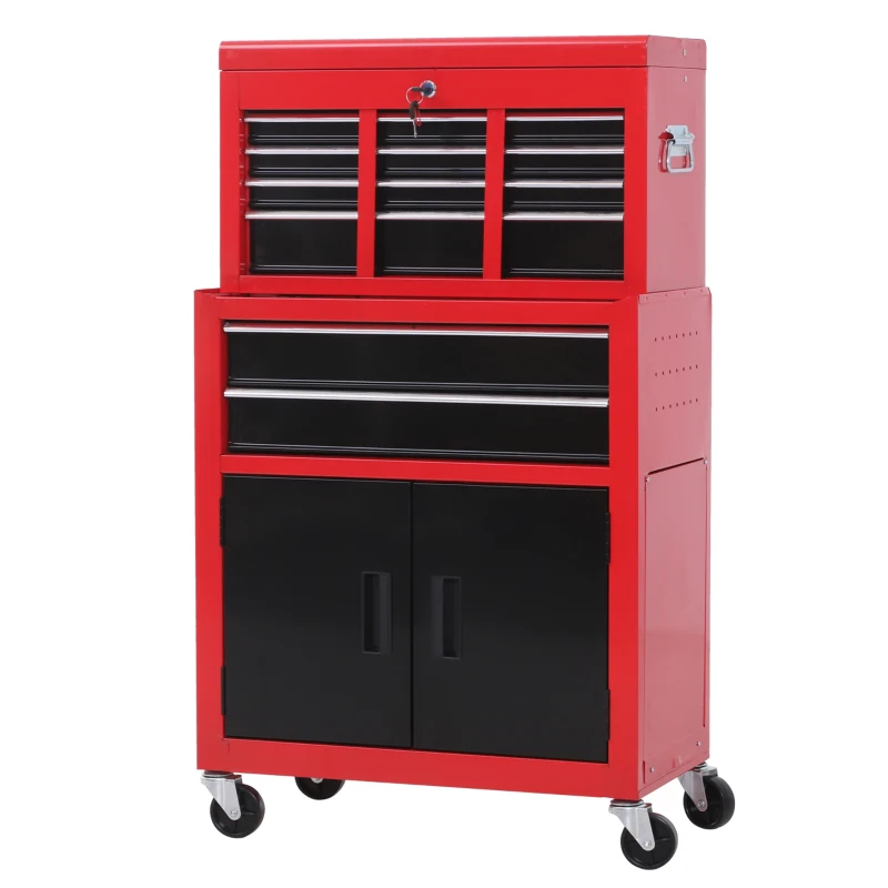 HOMCOM 6-Drawer Rolling Tool Chest, 2 in 1 Lockable Storage Cabinet with Hooks, Metal Tool Box for Garage, Workshop, Red
