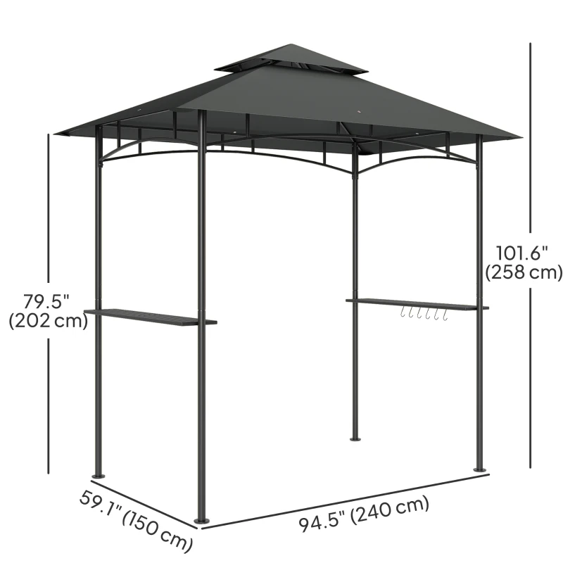 Outsunny 8' x 5' Outdoor Grill Gazebo, Double Tiered Barbecue Grill Gazebo Shelter with 2 Side Shelves, Hooks, Dark Grey
