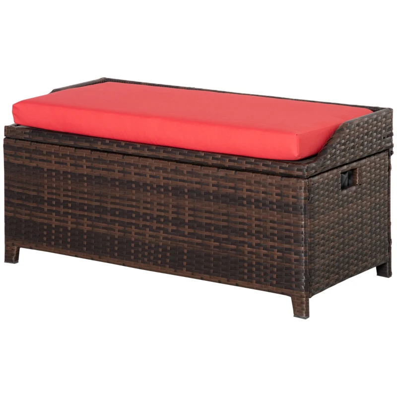 Outsunny 38 Gallon Outdoor Wicker Storage Bench Deck Box, PE Rattan Patio Furniture Pool Storage Bin Container with Interior Waterproof Cloth Bag and Comfortable Cushion, Red