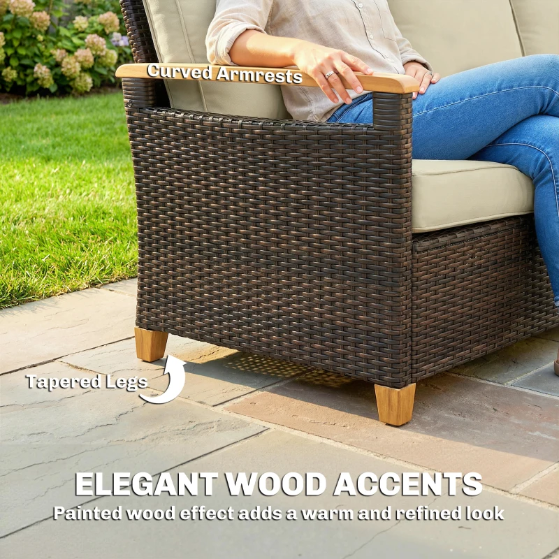 Outsunny 3 Seater Outdoor Couch Sofa, PE Wicker Patio Sofa, Wide Deep Seat, 4" Cushions, Wood-Effect Armrests Legs, Beige
