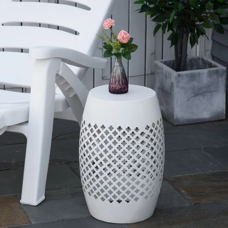 Outsunny 12" Steel Outdoor Side Table, Round Hollow Drum Patio End Table, Accent Table for Indoor and Outdoorr, White