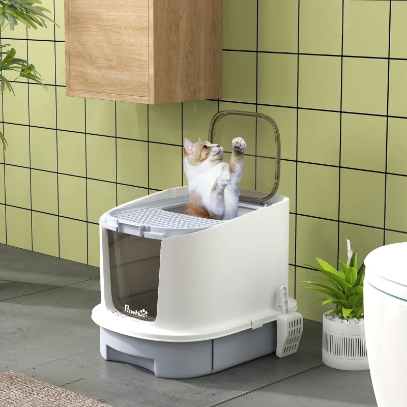 PawHut Covered Cat Litter Box with Lid, Drawer, Scoop, Top Entry, Deodorizing Bags, Odor Control, Easy to Clean, Gray